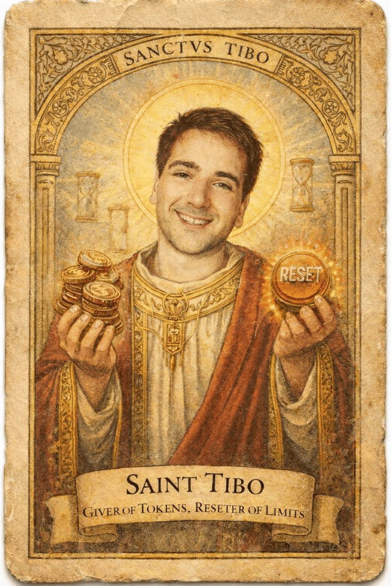 Community lore card depicting Saint Tibo holding coins and a glowing reset token.
