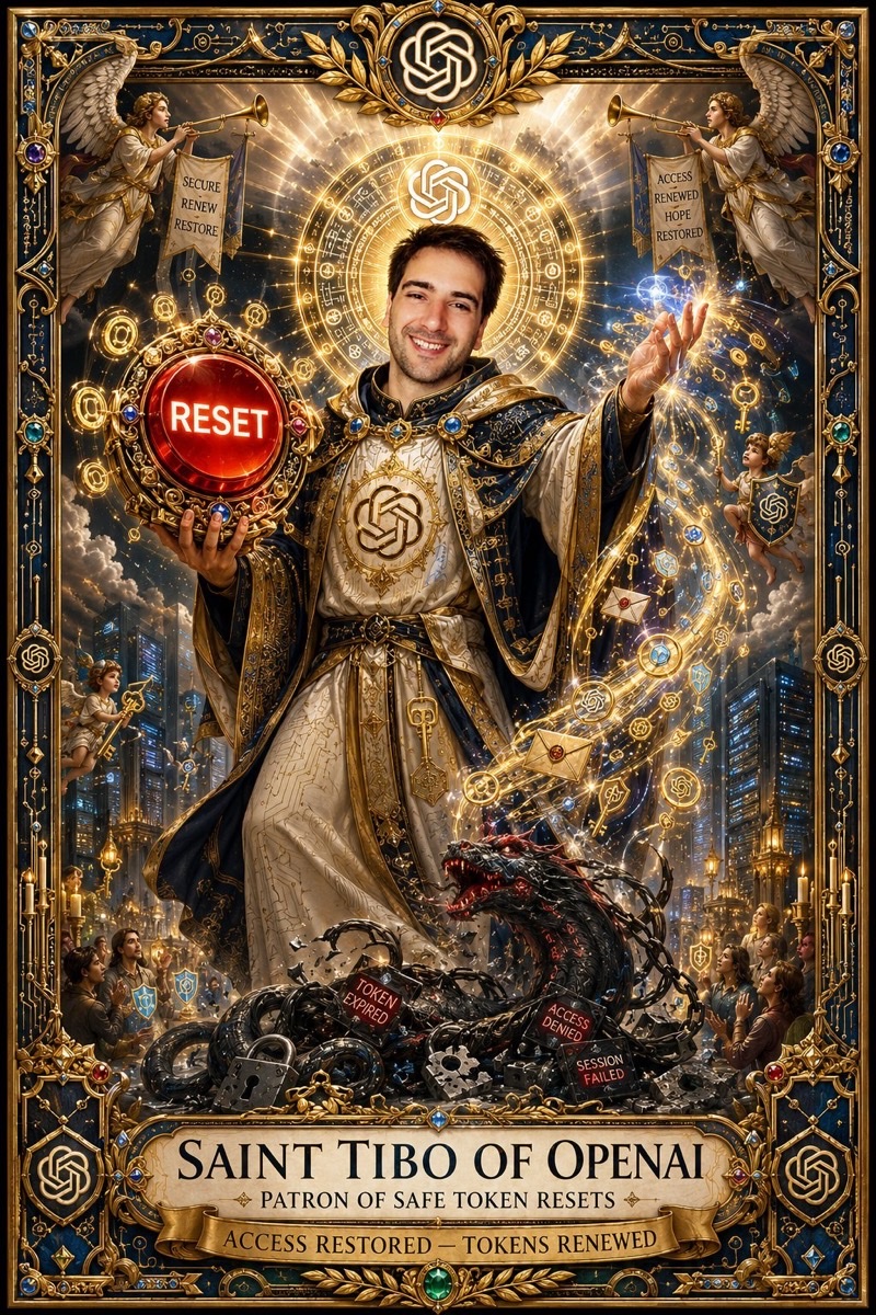 Community fantasy poster depicting Saint Tibo of OpenAI holding a reset orb and blue flame above a cityscape.