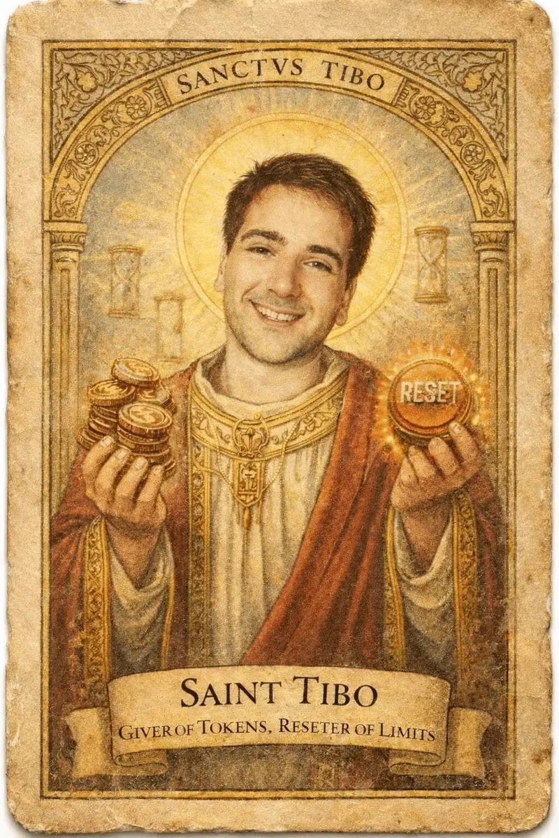 Tarjeta comunitaria con San Tibo sosteniendo monedas y una ficha de reinicio brillante.