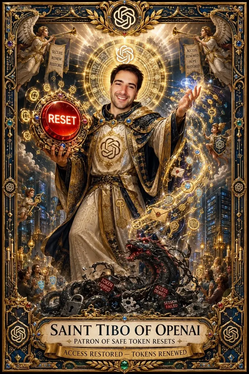 Community fantasy poster depicting Saint Tibo of OpenAI holding a reset orb and blue flame above a cityscape.